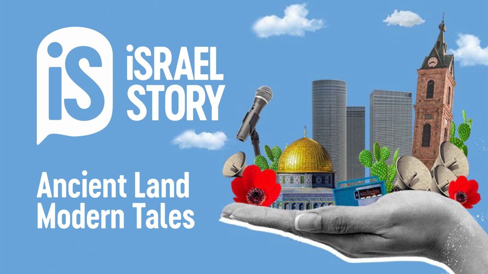 Hand holding a city scene with text that reads "Israel Story, Ancient Land Modern Tales"